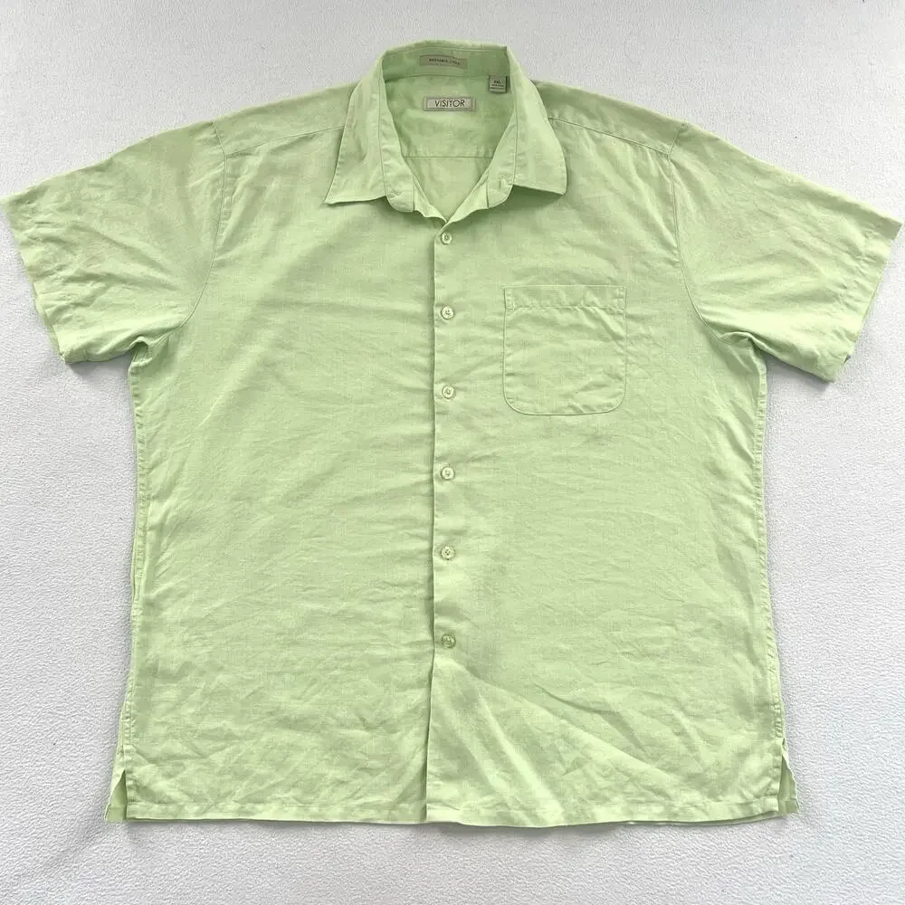 Visitor Lime Green Washable Linen Short Sleeve Button Coastal Resort Shirt 2XL